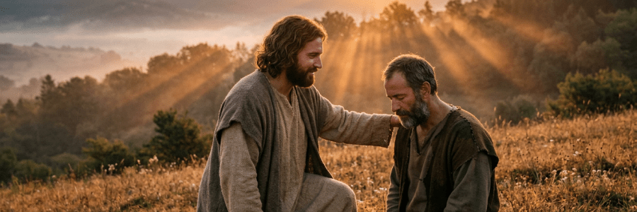 Two men kneeling in a field at sunset, one with hand on the other's shoulder.